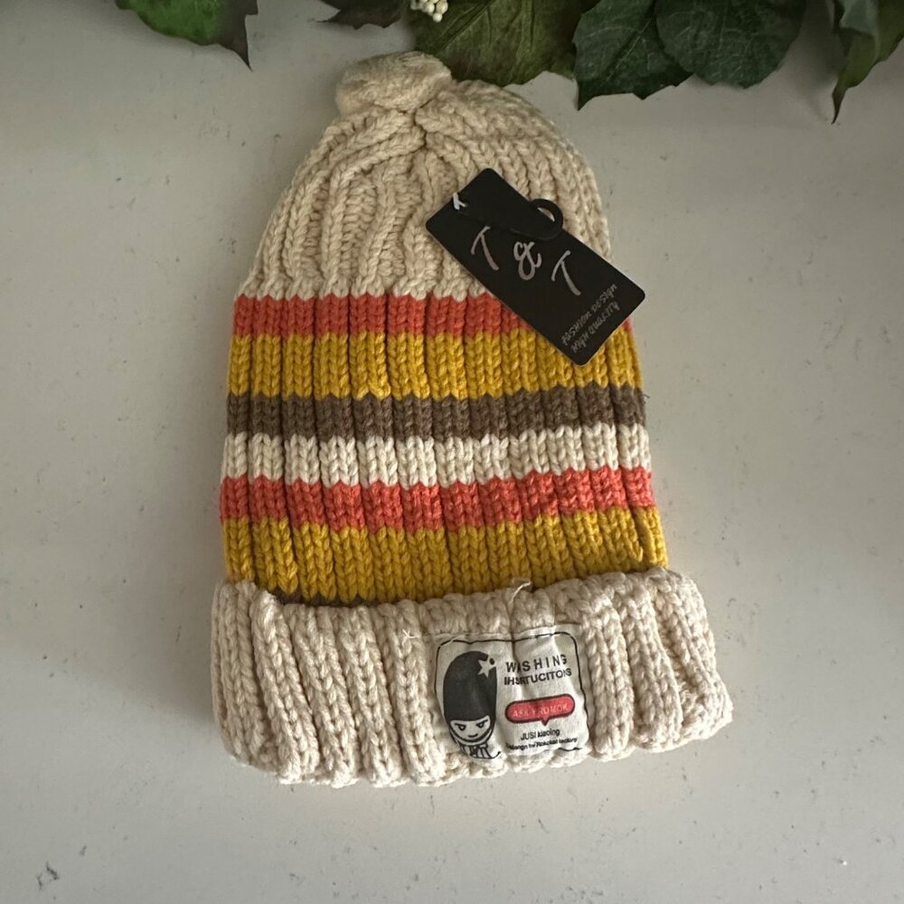 T&T Knitted Beanie Hat With Multi-Color Stripes & Pom Pom